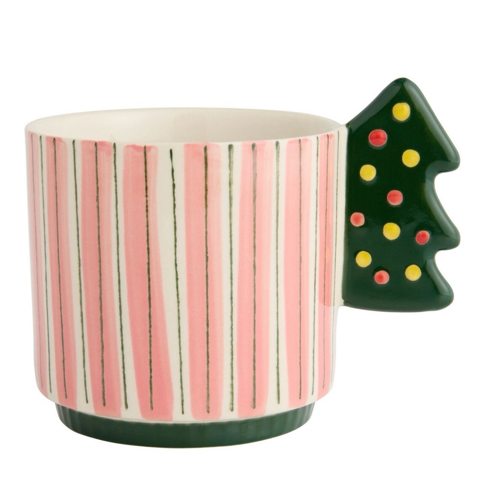 NWT WORLD MARKET Pink Stripe Hand Painted Ceramic Coffee Cup/Mug Tree Handle